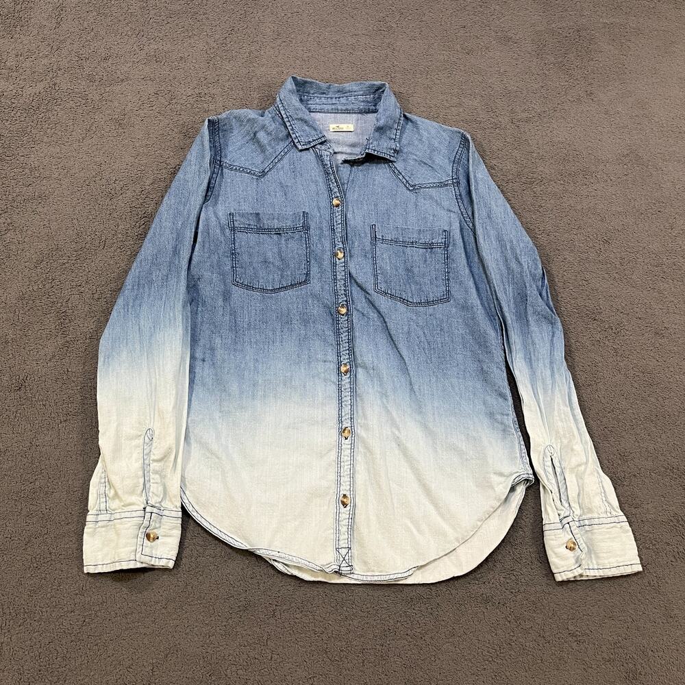 Hollister Ombre Dip Dye Blue White Denim Chambray Button Down Shirt Womens Sz XS